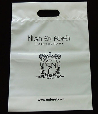 White poly logo printing  top fold over die cut handle tote bottom gusset bag